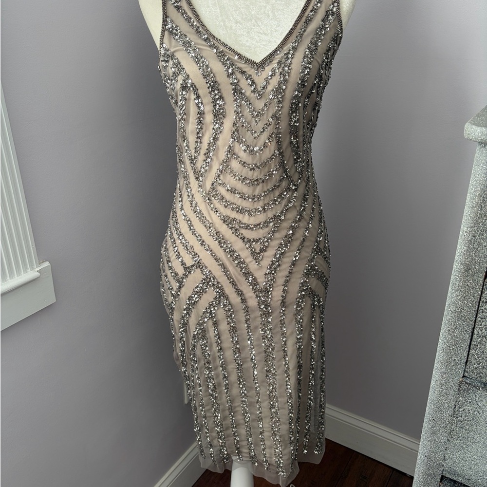Adrianna Papell Silver Sequin Midi Dress